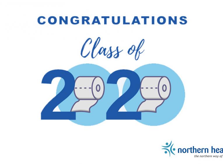 A graphic says, "Congratulations Class of 2020." The rounds of the zeroes are toilet paper rolls.  